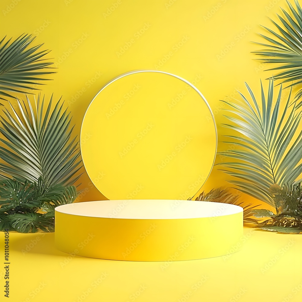 Poster blank yellow display on vivid summer background with minimal style blank stand for showing product 3