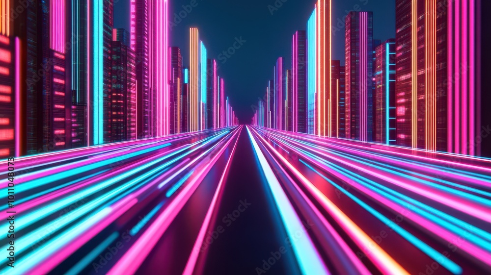 Poster vibrant neon cityscape with colorful lights and dynamic motion effects, creating a futuristic atmosp