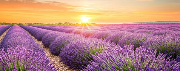 Obraz premium Vibrant lavender fields basking in the warm glow of a sunrise, showcasing nature's beauty and tranquility in stunning colors.