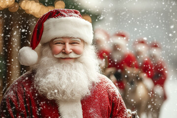 A smiling Santa Claus wearing a red hat and a white beard. He is surrounded by a group of reindeer