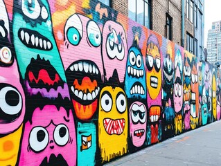 Vibrant street art mural featuring colorful and playful monster characters, adding fun to any urban setting.
