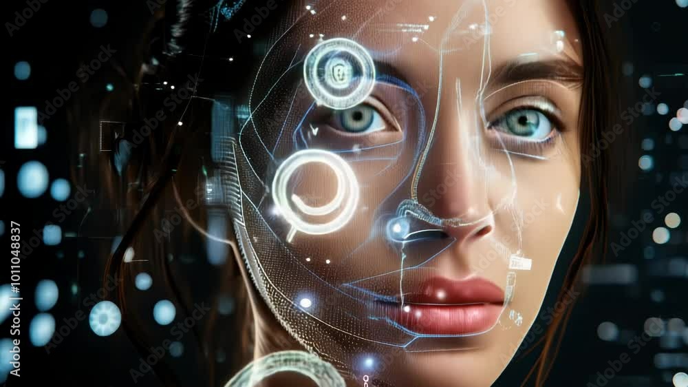 Poster advanced face recognition technology: woman's face analyzed by digital ai with futuristic hud elemen