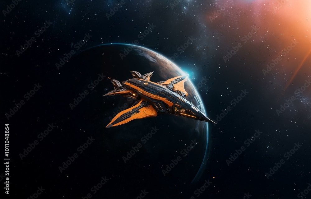 Poster a futuristic spaceship soars through space, passing by a planet with a bright, glowing atmosphere, a