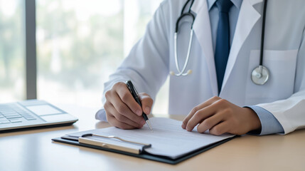 A doctor in a white coat writes notes on a clipboard while sitting at a desk with a stethoscope nearby.