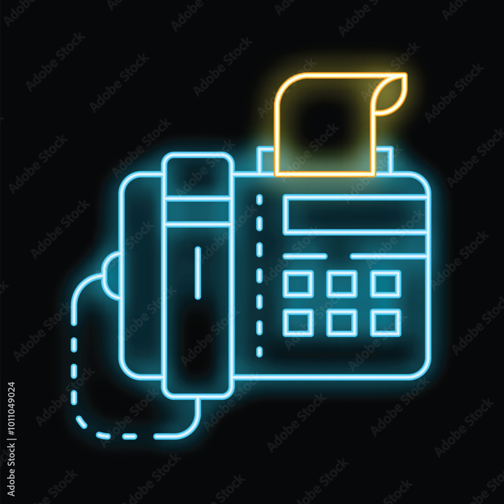 Aufkleber glowing neon line icon of a fax machine sending a document isolated on a black background