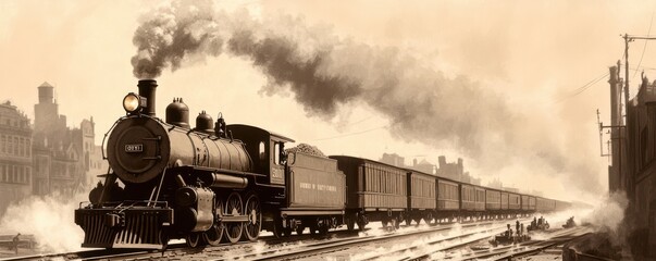 Vintage steam locomotive chugs along a dusty rail, evoking nostalgia and the golden age of train travel.