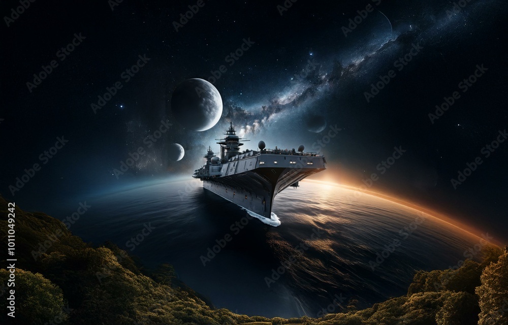 Poster A large spaceship floats over a dark ocean with multiple moons in the background. The galaxy can be seen through the atmosphere.