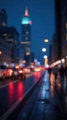 Fototapeta premium People walking on sidewalk near road with cars passing at night