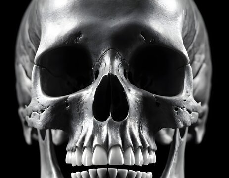 Detailed transparent view of a human skull, highlighting anatomical structures and contours. Horror