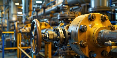 Fototapeta premium A close-up of the machinery inside a power plant, with pipes, valves, and industrial equipment