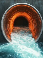A large, circular concrete pipe emits bright, glowing hues as water flows energetically out, creating a captivating visual contrast with its surroundings.