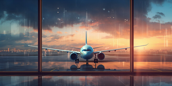 A view on airplane standing in the airport from the terminal window.
