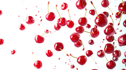 The concept of healthy eating. A lot of red berries of juicy ripe cherries dance in the air on a white background. Cherries are scattered all over the image. The image looks playful
