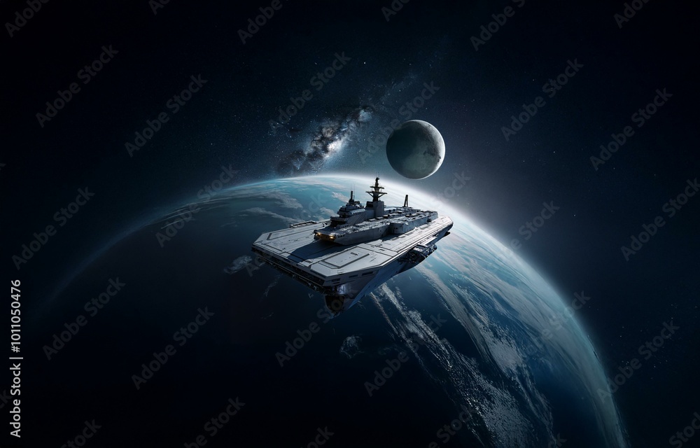 Poster a spaceship hovers above a planet with a moon in the background.