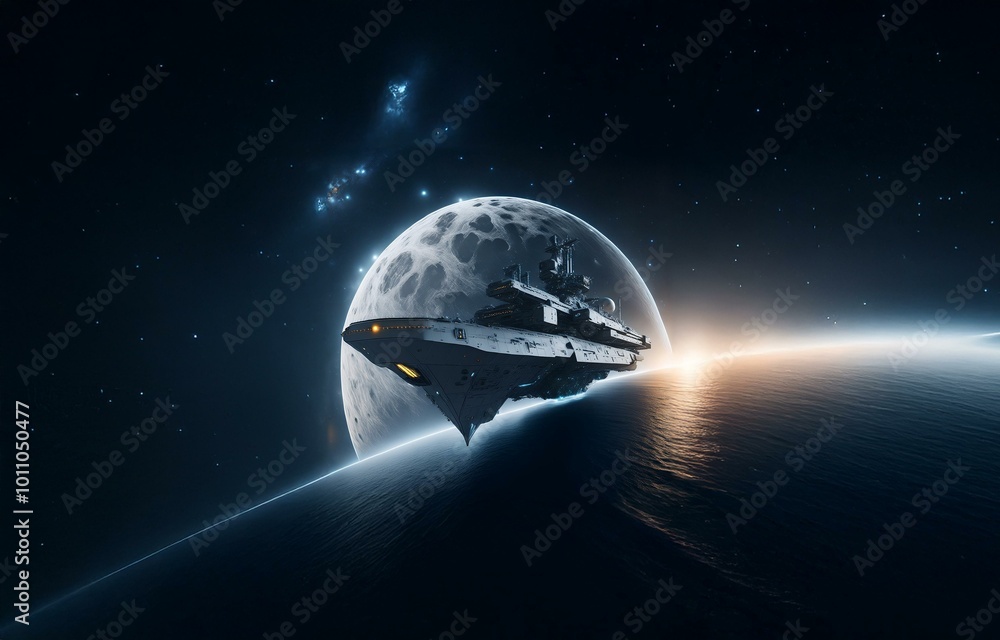 Poster a spaceship flies past a large moon and a planet with a dark ocean, with stars and a nebula in the b