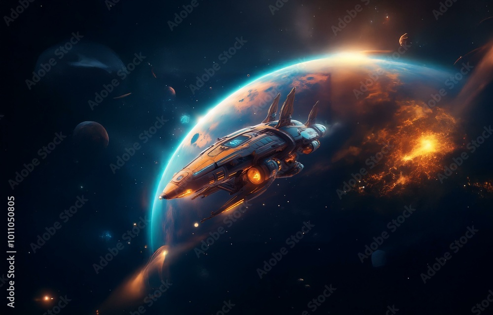 Poster A spaceship flies past a planet in a starry void with a fiery nebula behind.