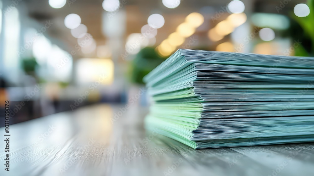 Poster stack of blue papers on a table with blurry background