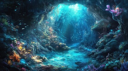 A surreal underwater grotto with bioluminescent creatures and shimmering rocks, creating an enchanting atmosphere.