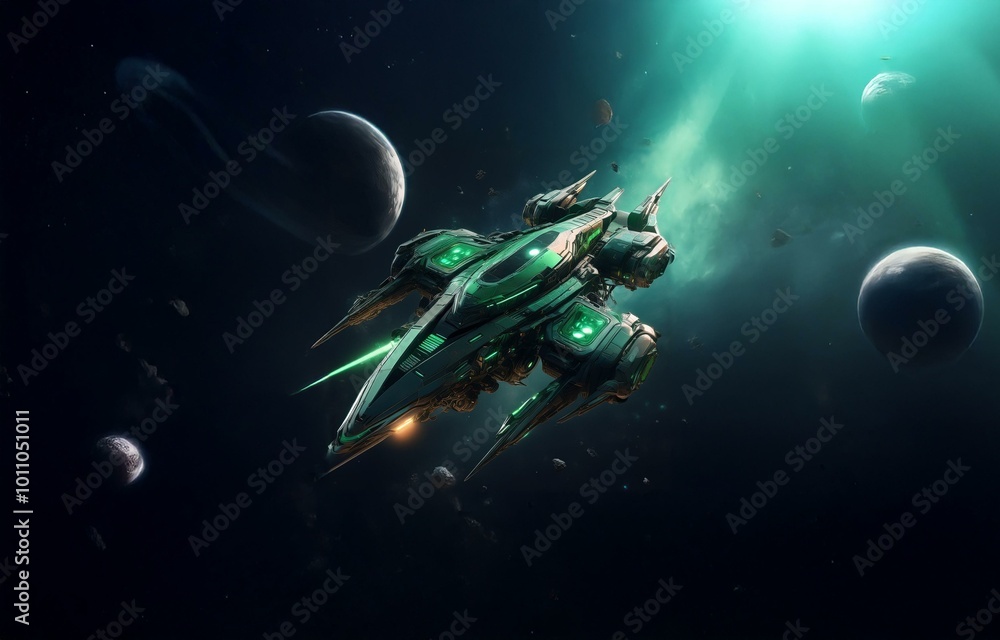 Poster a spaceship with green accents flies through a vast expanse of space, illuminated by a bright green 