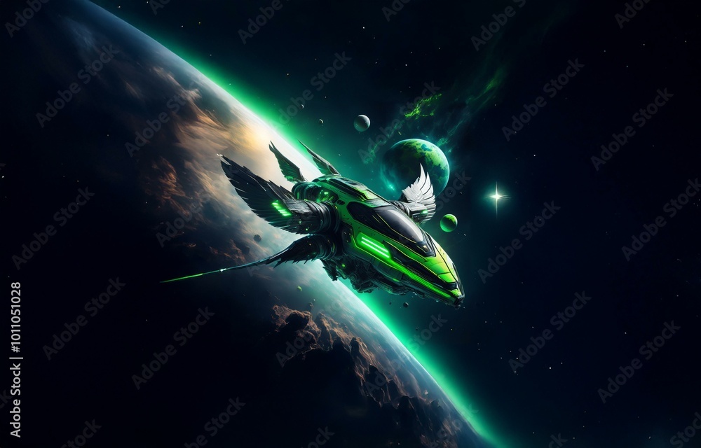 Poster a green spaceship with wings flies past a planet with a green aurora.