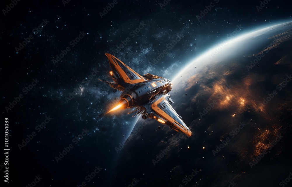 Aufkleber a futuristic spaceship with a glowing engine flies past a planet in the vast expanse of space.