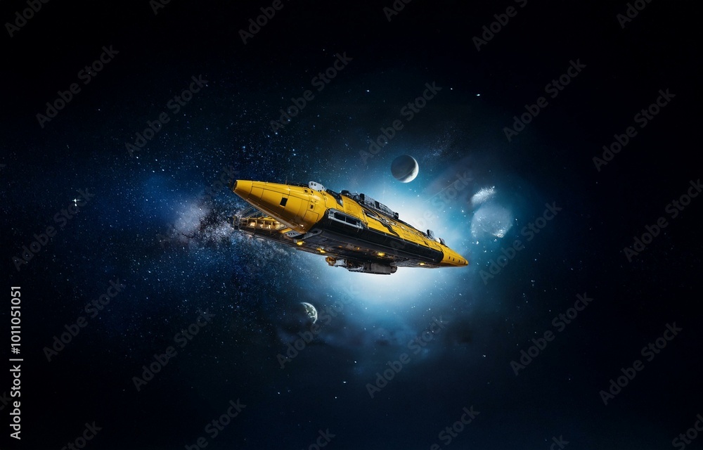 Poster a yellow spaceship soars through the cosmos, its sleek design contrasting against the dark backgroun