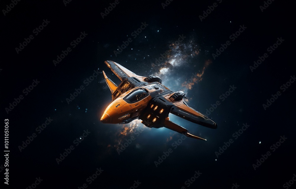 Poster a futuristic spaceship flies through a starry nebula.
