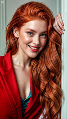 Naklejka premium A Mesmerizing Gaze: Woman with red Bangs Holds Viewers Captive 