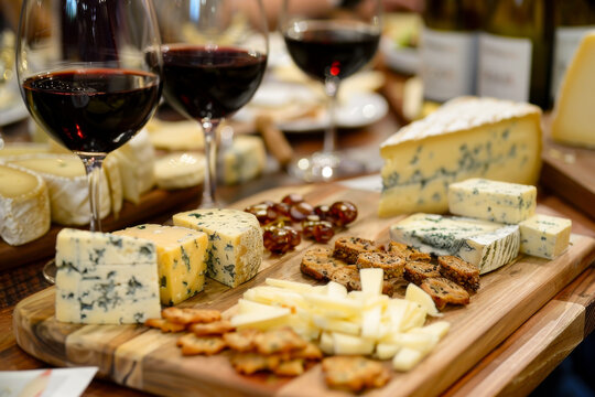 Artisanal cheese and wine tasting event featuring variety of cheeses, crackers, and red wine. elegant presentation invites guests to indulge in gourmet flavors and pairings