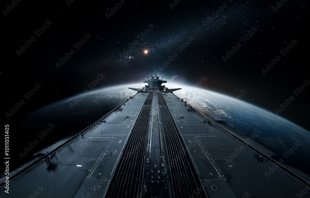 Poster A spaceship in space, hovering over Earth with a view of the planet and the Milky Way.