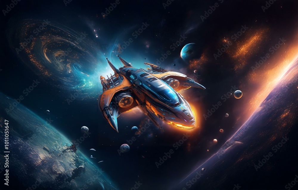Poster a futuristic spaceship travels through a starry expanse, passing planets and a swirling nebula in th