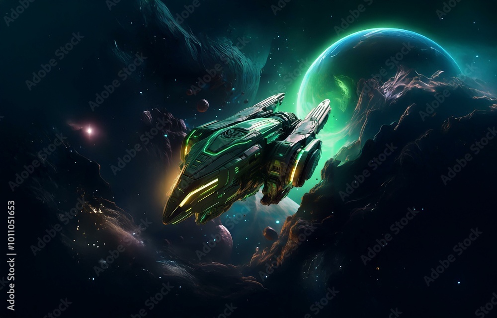 Poster A spaceship navigates a dark and starry expanse, passing by a glowing green planet and asteroid field.