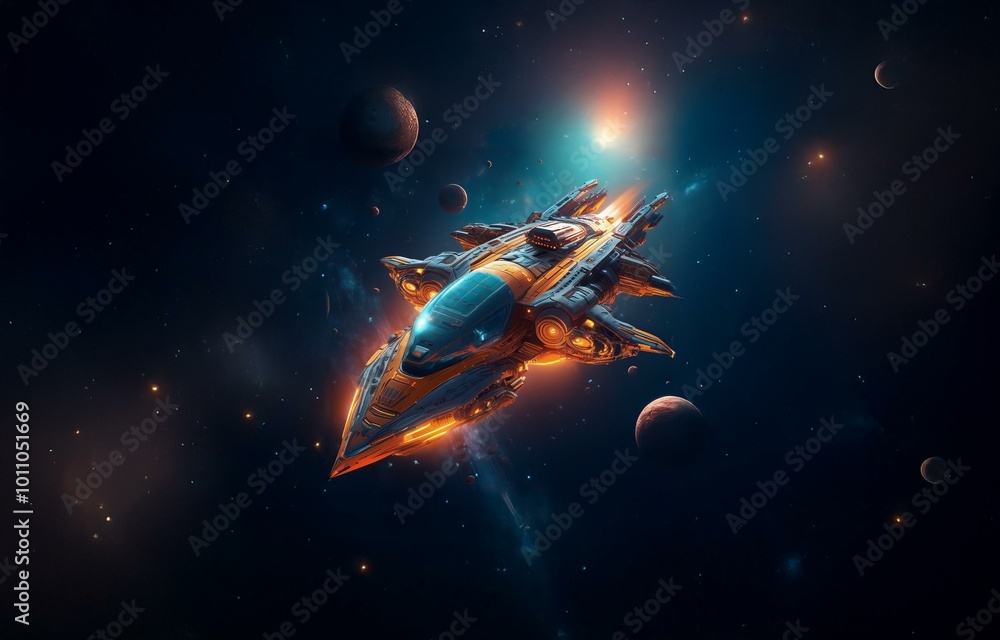 Poster a futuristic spaceship with glowing lights travels through the vastness of space, surrounded by twin