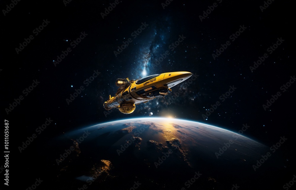 Poster a yellow spaceship flies over a planet with a blue and white nebula behind it and a sun rising over 