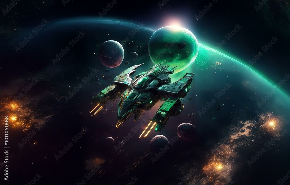 Aufkleber a futuristic spaceship flies through a dark space with multiple planets in view, and one large plane