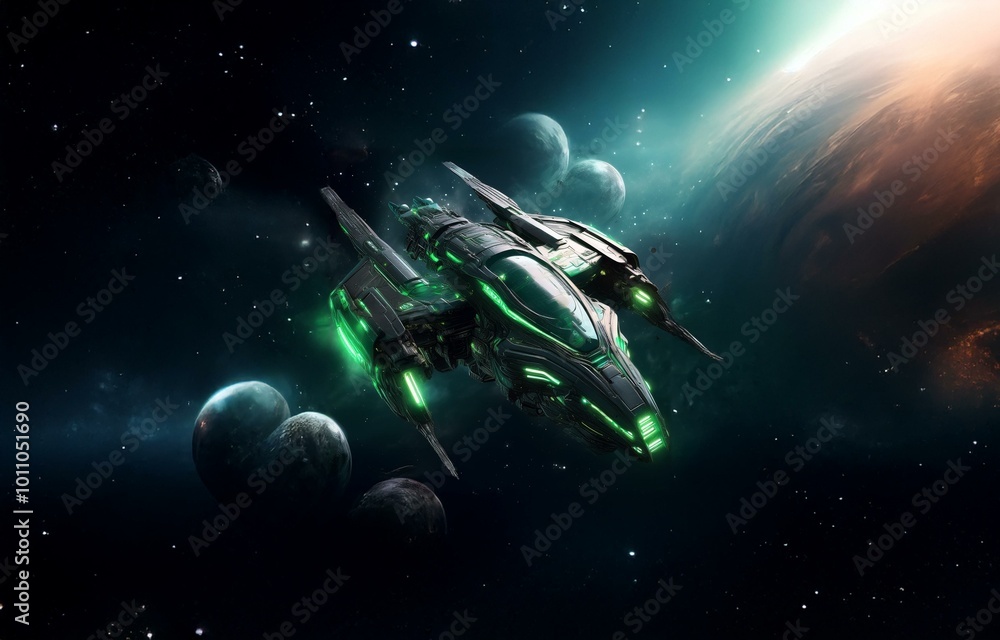 Poster a futuristic spaceship with glowing green lights flies through a dark galaxy filled with stars and p