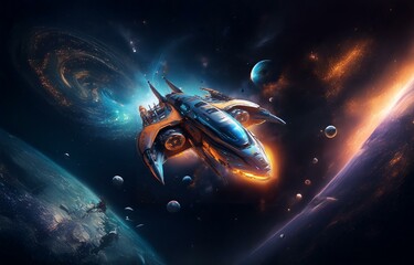 A futuristic spaceship travels through a starry expanse, passing planets and a swirling nebula in the background.