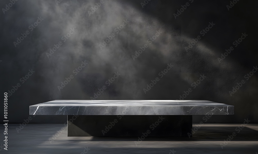 Poster 3d product table in an empty studio against a black wall. podium for presentation. concrete dark sur