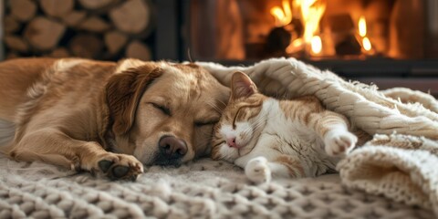 A dog and cat cuddling on a soft blanket in front of a fireplace during winter