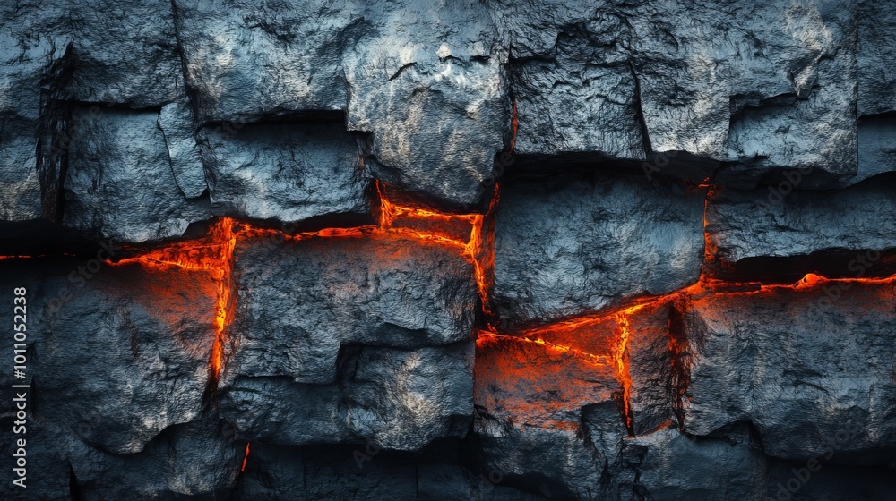 Wall mural abstract rock background with fiery gaps between stone surfaces, lava and stone texture with atmosph