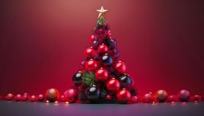 red and black christmas background Red and black Christmas tree with glowing ornaments. 3D rendering.