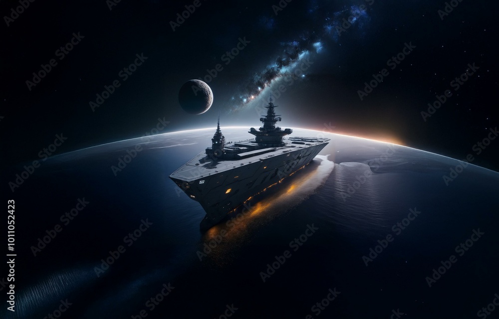 Aufkleber a futuristic spaceship with bright lights hovers over the ocean of a distant planet against a starry