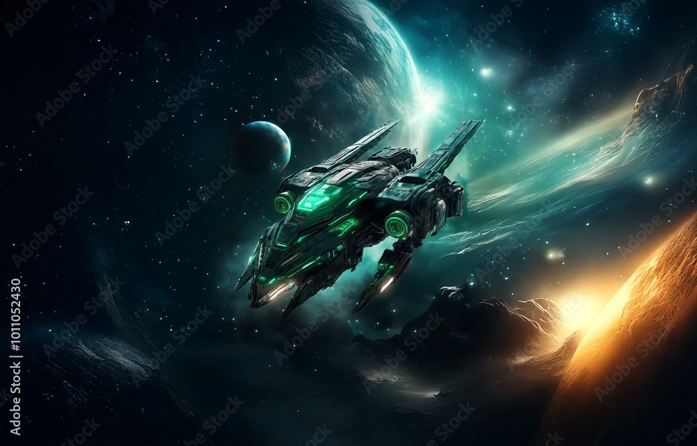 Poster a sleek, futuristic spaceship soars through a vast and starry expanse. the vessel's green lights ill