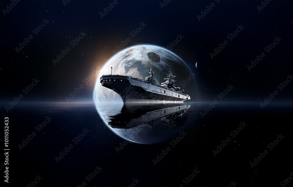Poster a large spaceship sails on a dark body of water against a starry night sky. a large planet is in the