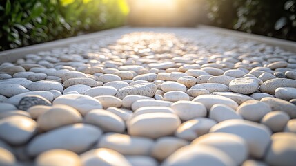 Obraz premium Pebble Pathway Illuminated by Sunlight in a Serene Garden Setting During the Golden Hour