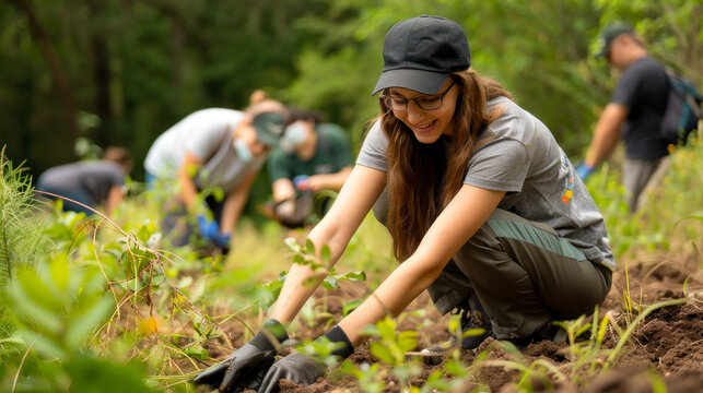 group of employees participates in corporate responsibility event, engaging in volunteer work by planting trees in lush green environment. Their teamwork and dedication reflect strong commitment to