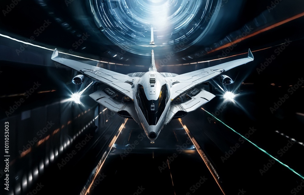 Poster a futuristic spaceship travels through a dark tunnel with bright white light coming from the end of 