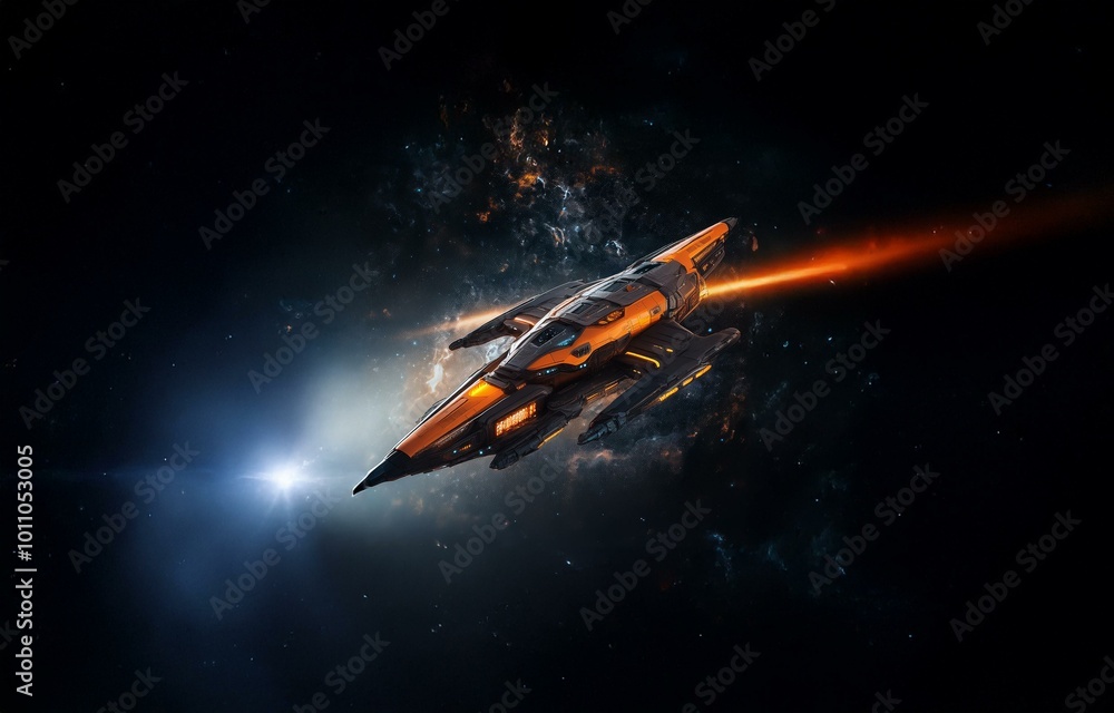 Poster a spaceship flies through space with a bright light in the background.