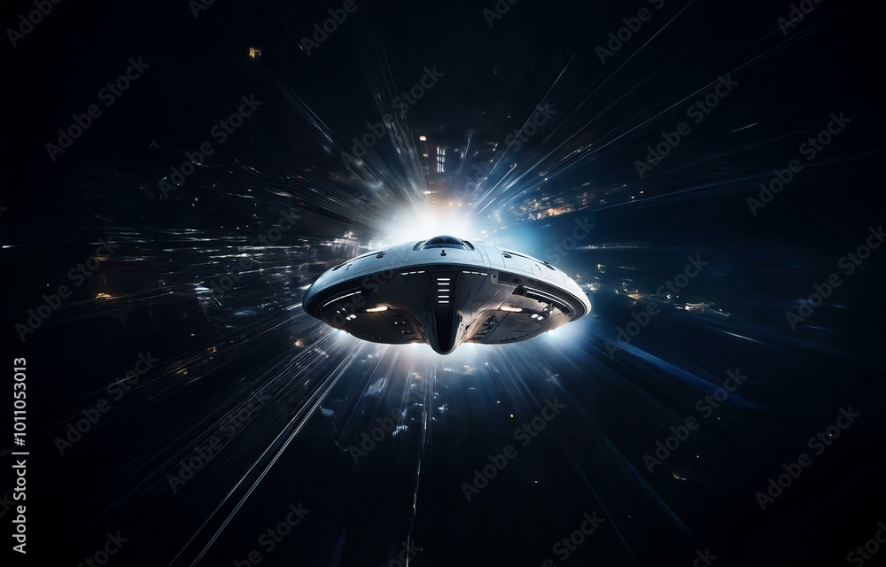 Poster A futuristic spaceship flies through a dark space with streaks of light from the speed.