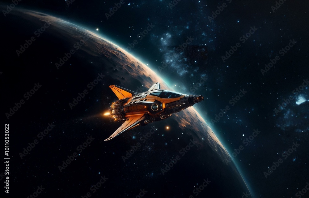 Poster a spaceship with glowing orange engines flies past a planet in outer space.